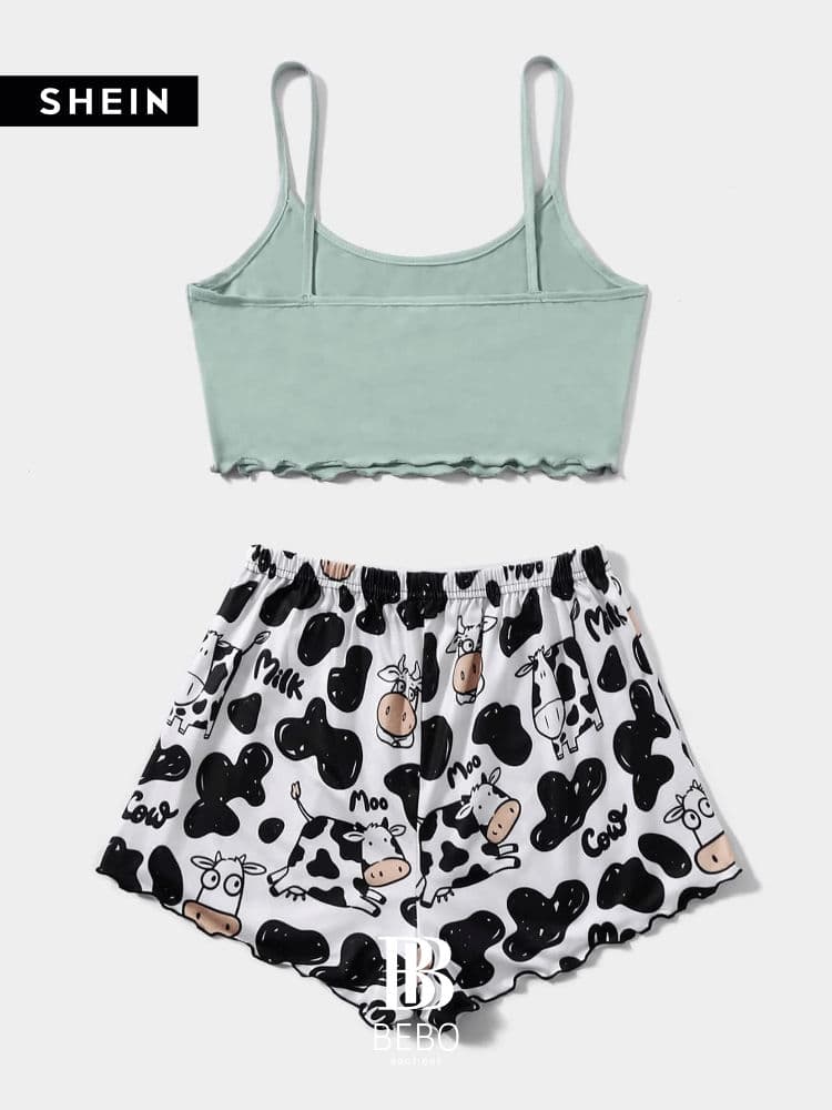 طقم بيجامة مقلم خس بطباعة بقرة