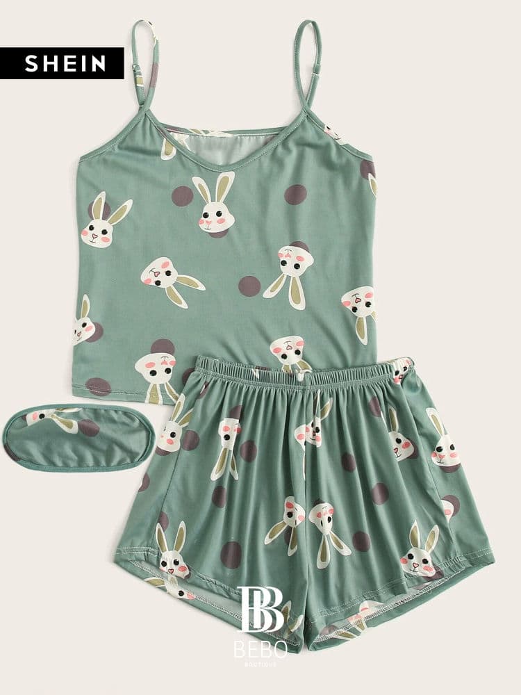 طقم بيجامة كامي بنقاط بولكا وطباعة أرنب مع غطاء العين