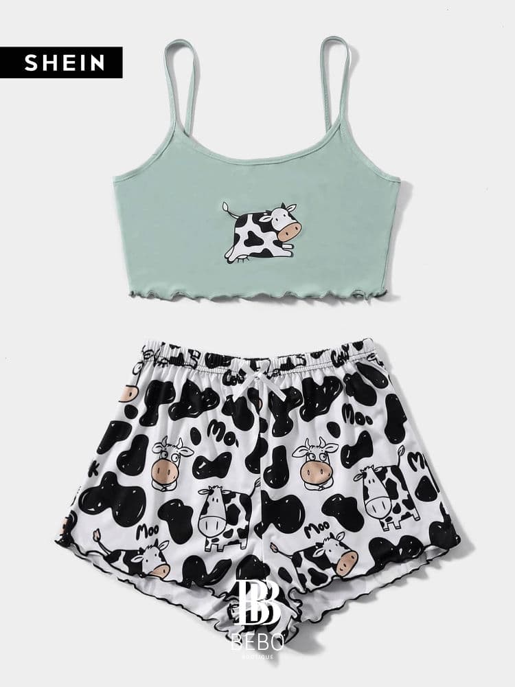 طقم بيجامة مقلم خس بطباعة بقرة