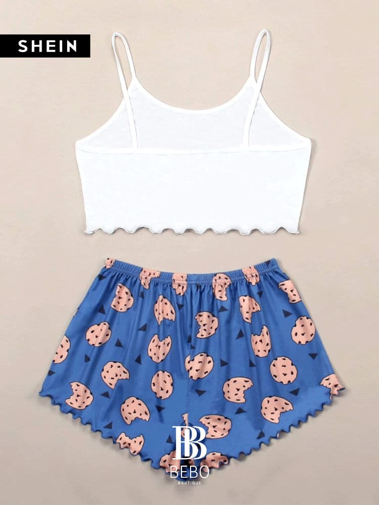 طقم بيجامة كامي  بجرافيك عبارة و كيك