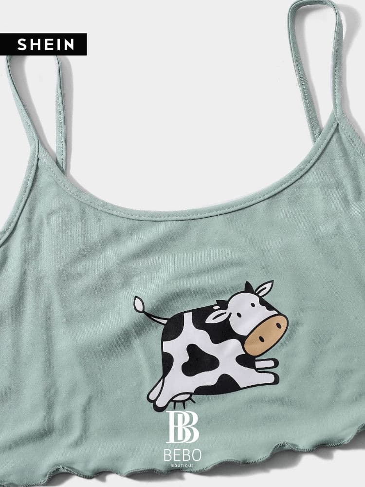 طقم بيجامة مقلم خس بطباعة بقرة