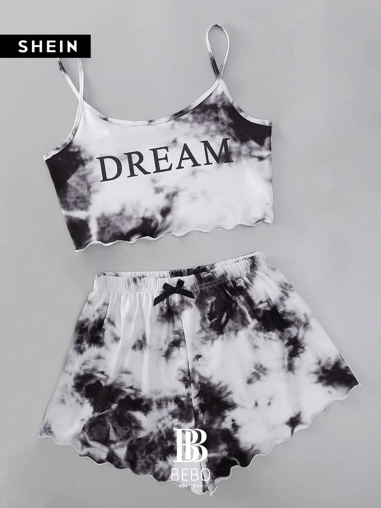 طقم بيجامة كامي مقلم بدانتيل بصبغة معتدل