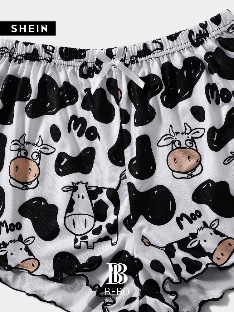 طقم بيجامة مقلم خس بطباعة بقرة