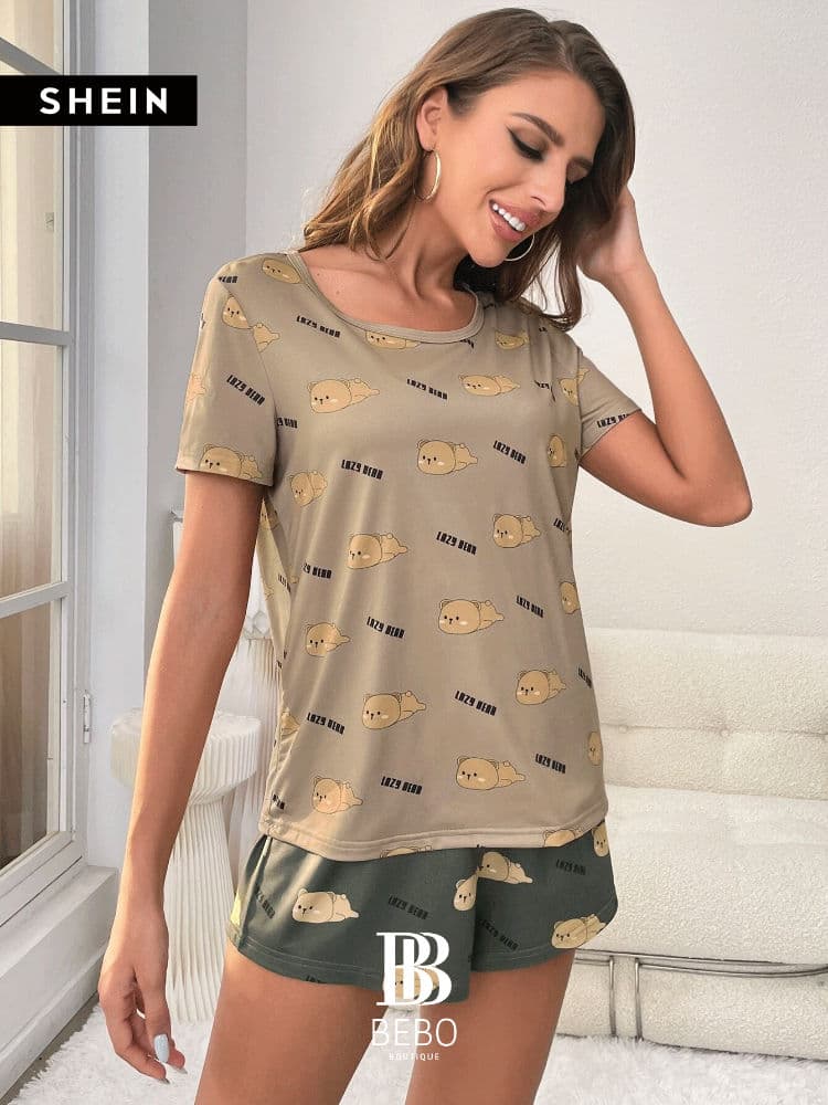 طقم بيجامة بجرافيك عبارة ودب رسوم كارتون