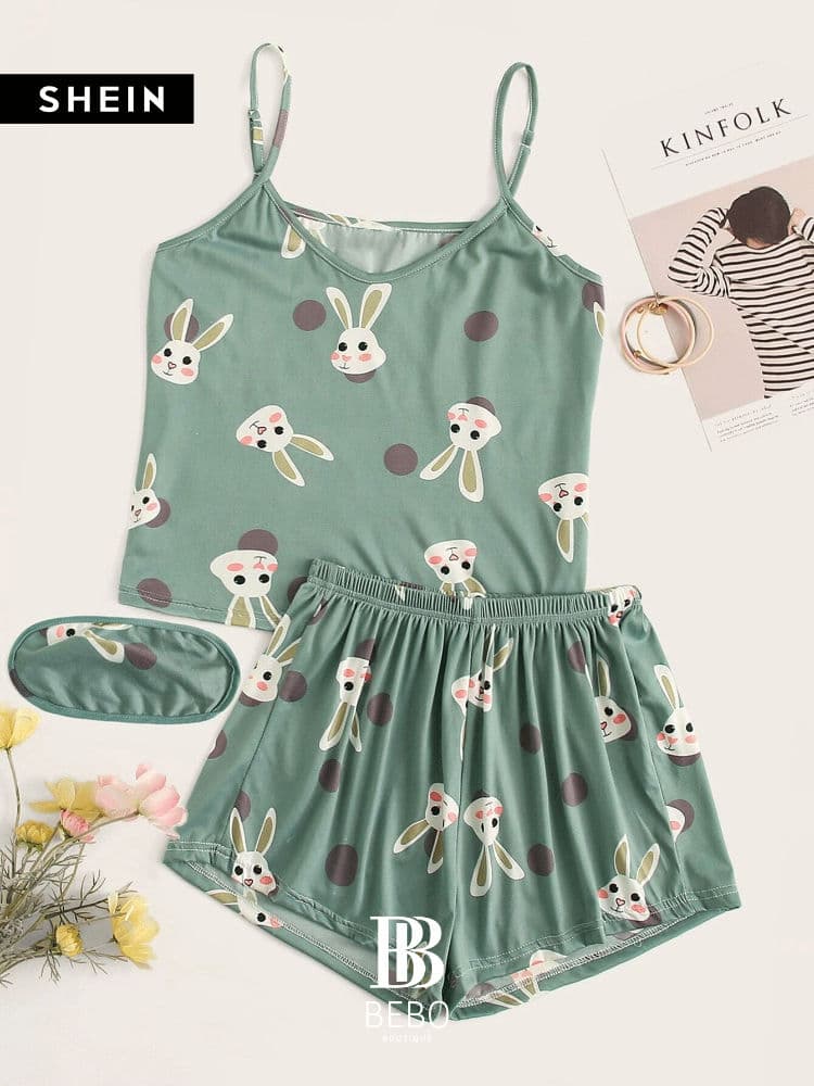 طقم بيجامة كامي بنقاط بولكا وطباعة أرنب مع غطاء العين