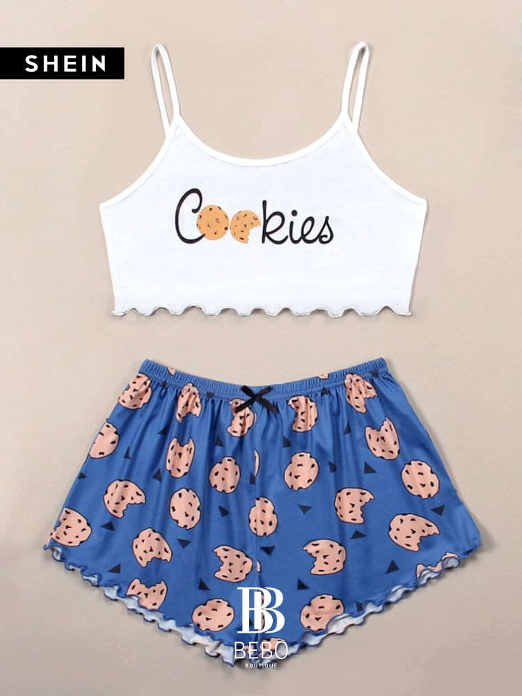 طقم بيجامة كامي  بجرافيك عبارة و كيك