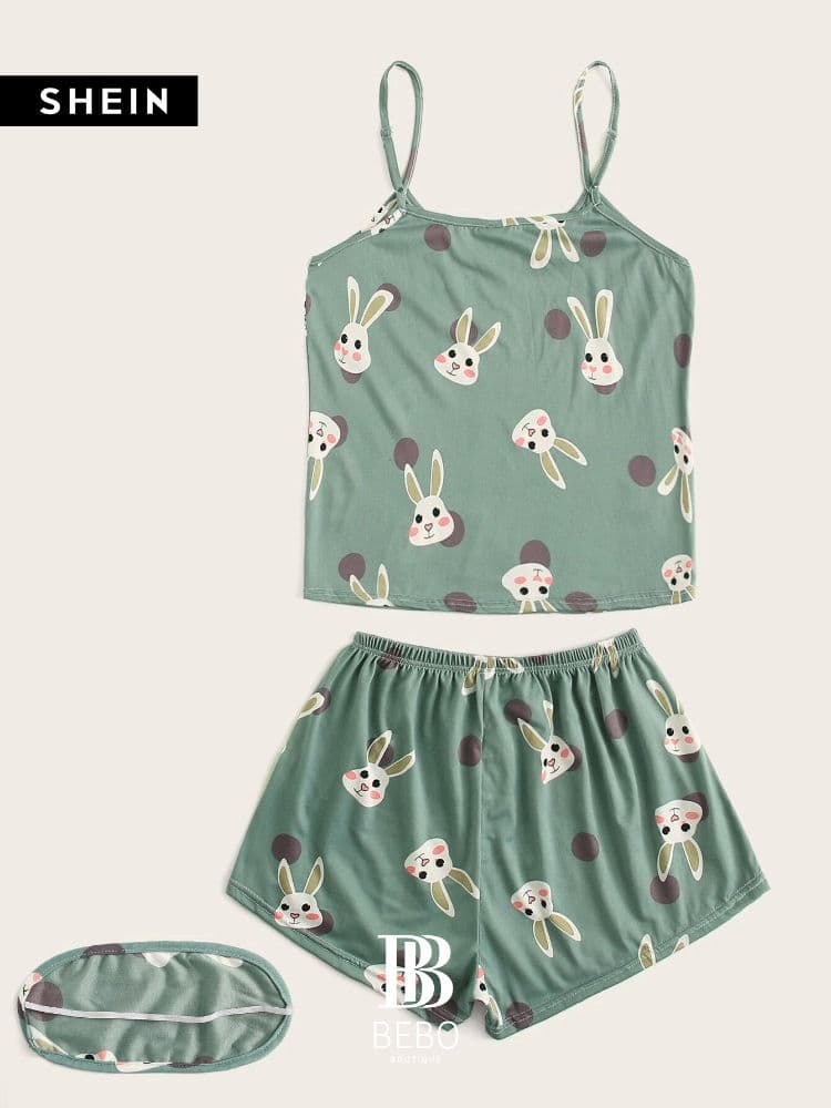 طقم بيجامة كامي بنقاط بولكا وطباعة أرنب مع غطاء العين