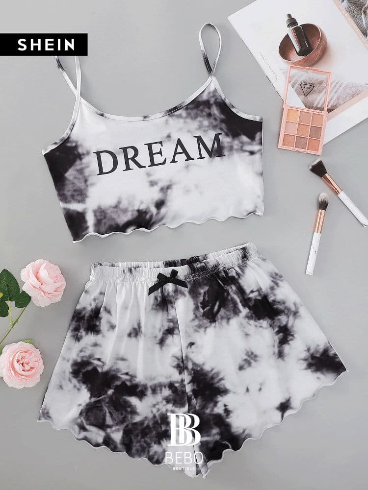 طقم بيجامة كامي مقلم بدانتيل بصبغة معتدل