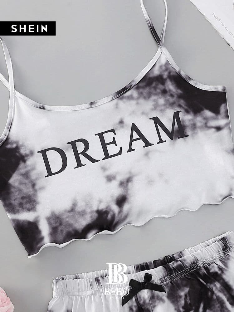 طقم بيجامة كامي مقلم بدانتيل بصبغة معتدل