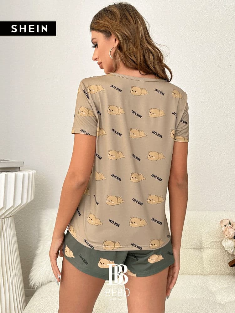 طقم بيجامة بجرافيك عبارة ودب رسوم كارتون