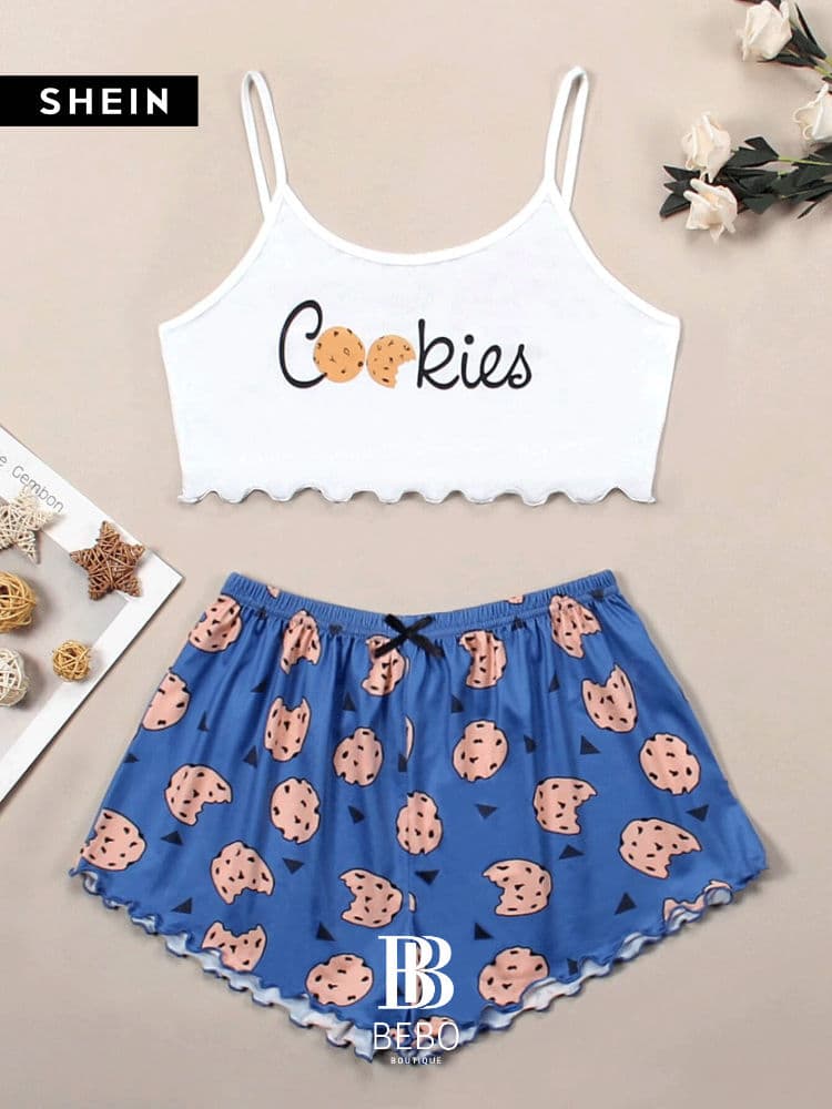 طقم بيجامة كامي  بجرافيك عبارة و كيك